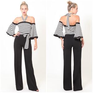COPY - Black & White Part Striped Halter Jumpsuit